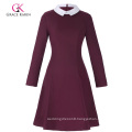 Grace Karin Women's Stylish & Slim Fit Long Sleeve Contrast Color Doll Collar Wine red A-Line Dress CL010470-2